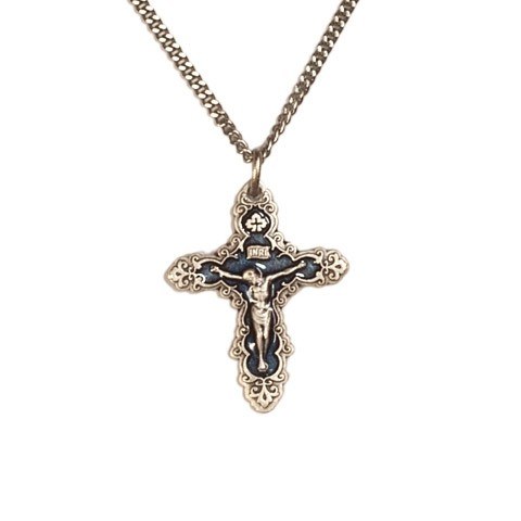 BLUE AND SILVER CRUCIFIX NECKLACE