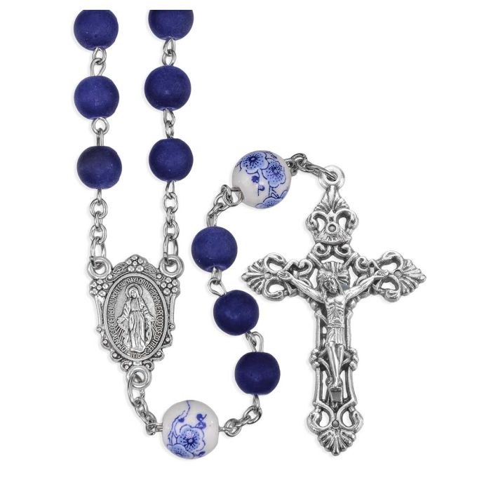 FROSTED BLUE GLASS BEADS WITH CERAMIC FLOWERS
