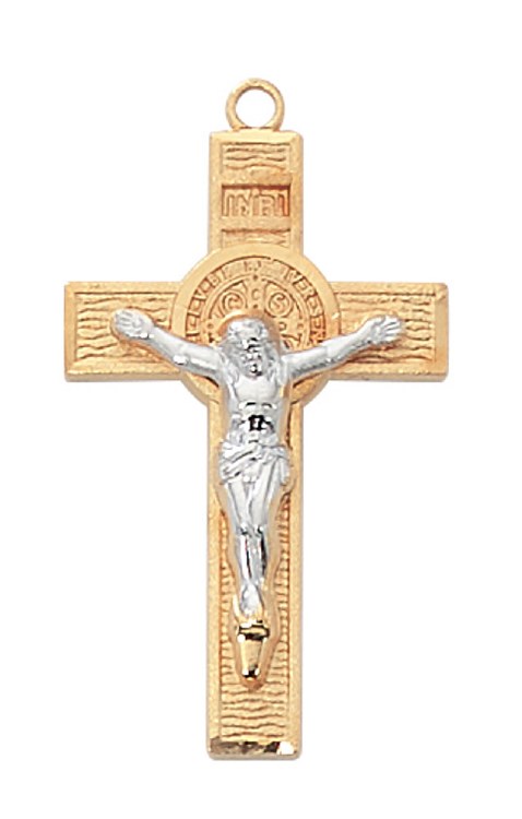 GOLD OVER STERLING SILVER TWO TONED ST. BENEDICT CRUCIFIX WITH 18'' CHAIN