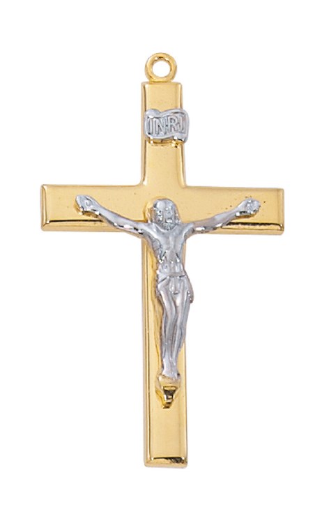 GOLD OVER PEWTER TWO TONE CRUCIFIX WITH 24'' GOLD OVER BRASS CHAIN