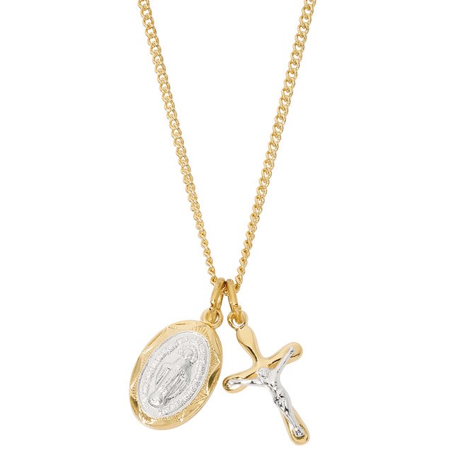 GOLD OVER STERLING SILVER CRUCIFIX AND MIRACULOUS MEDAL ON 16-18'' CHAIN