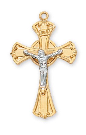GOLD OVER STERLING SILVER TWO TONE CRUCIFIX WITH 18'' GOLD PLATED CHAIN
