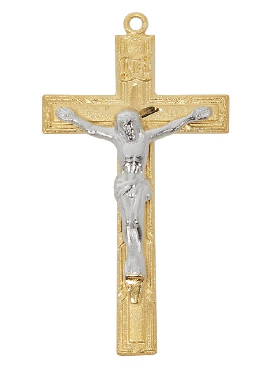 STERLING SILVER TWO TONE CRUCIFIX WITH 24'' STAINLESS STEEL CHAIN