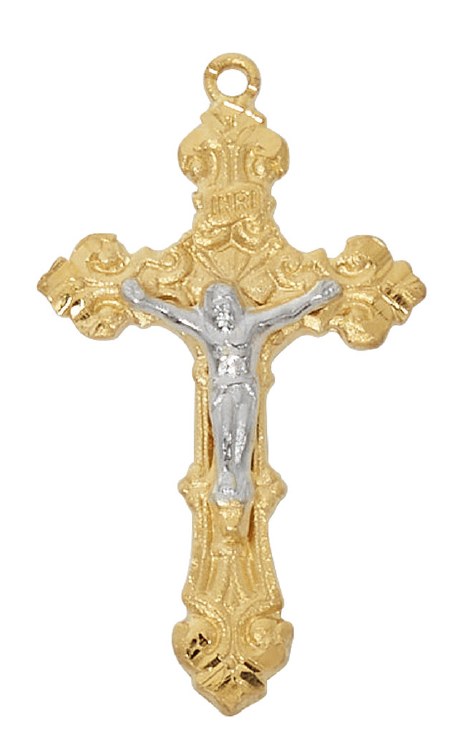 GOLD OVER STERLING SILVER TWO TONE CRUCIFIX ON 16-18'' CHAIN