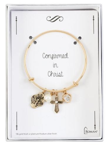 GOLD CONFIRMATION BRACELET WITH DOVE, CROSS, PEARL, AND HEART