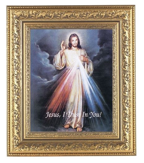 DIVINE MERCY IN A BEAUTIFULLY DETAILED ORNATE GOLD LEAF ANTIQUE FRAME