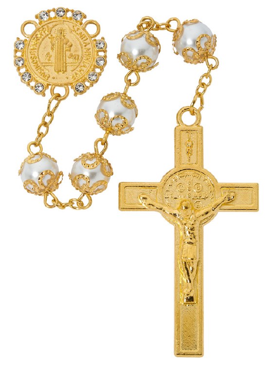 8MM GOLD AND PEARL ST. BENEDICT ROSARY