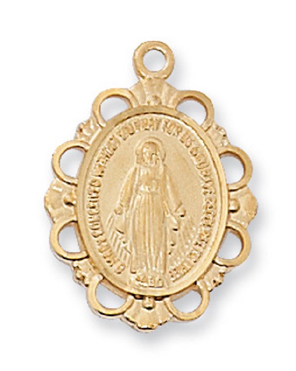 GOLD TONE PEWTER MIRACULOUS SCALLOPED MEDAL WITH 18'' CHAIN