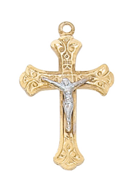 GOLD TONE PEWTER TWO TONE CRUCIFIX WITH 18" GOLD TONE CHAIN