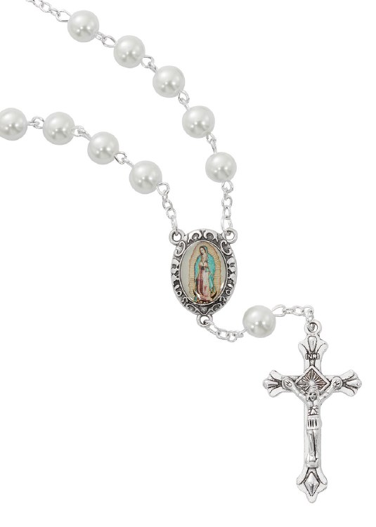 OUR LADY GUADALUPE AUTO ROSARY W/ PEARL BEADS