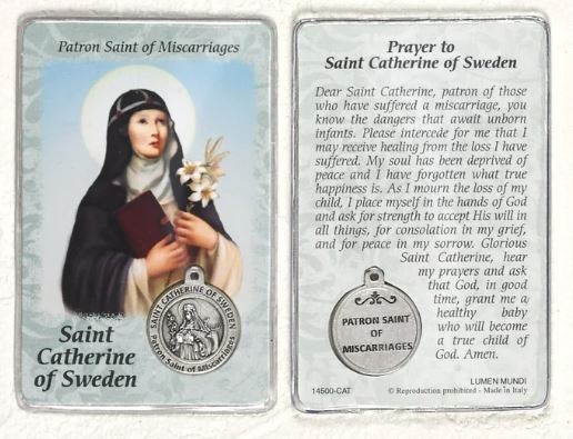 ST CATHERINE OF SWEDEN PRAYER CARD WITH MEDAL