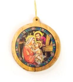HOLY FAMILY OLIVE WOOD ORNAMENT