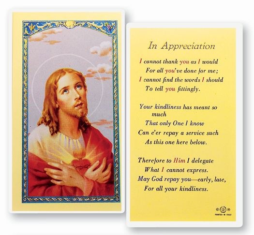 IN APPRECIATION PRAYER CARD