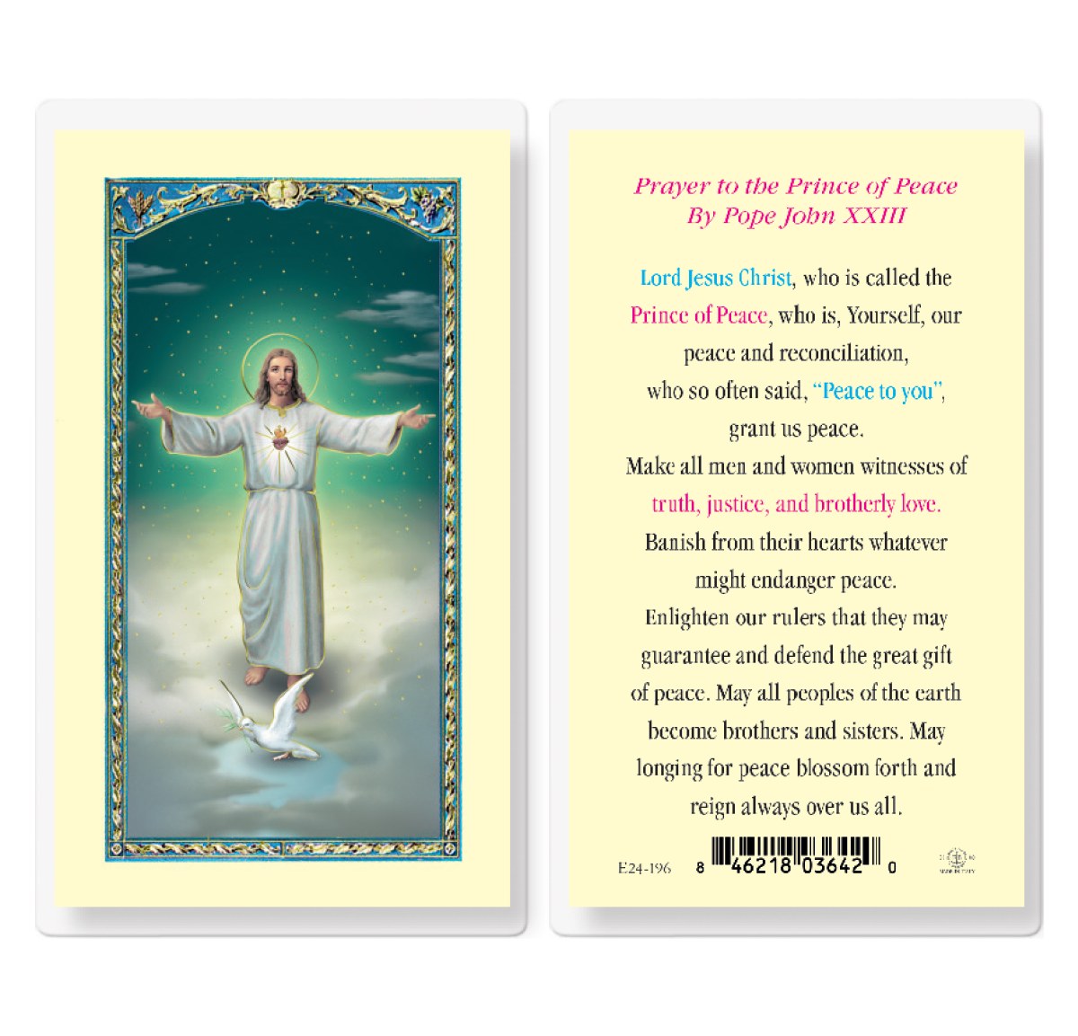 Prince Of Peace Laminated Prayercard Divine Mercy Gift Shop