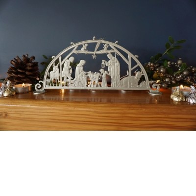 LARGE STANDING SILVER CUT OUT NATIVITY SCENE