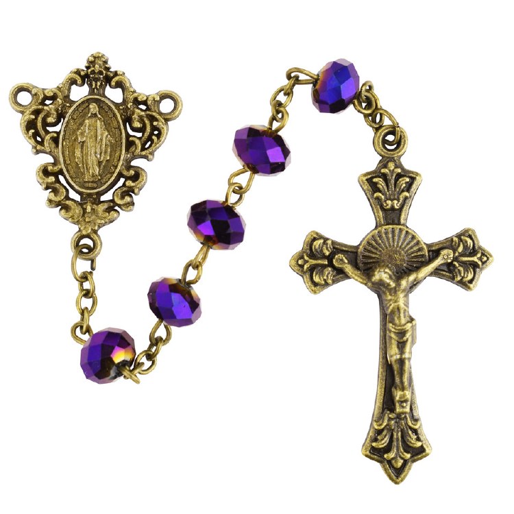 METALLIC PURPLE BEAD ROSARY W/ ANTIQUED GOLD CRUCIFIX &amp; CENTER