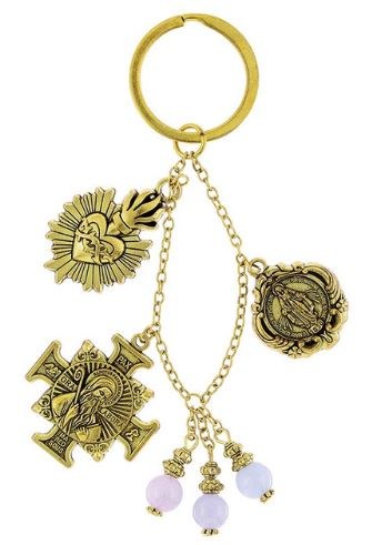 MIRACULOUS, BENEDICT, AND SACRED HEART GOLD KEYCHAIN