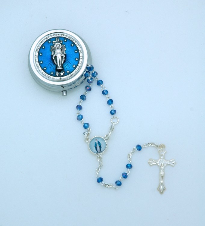 ITALIAN ROUND METAL BOX WITH SMALL MIRACULOUS MEDAL ROSARY