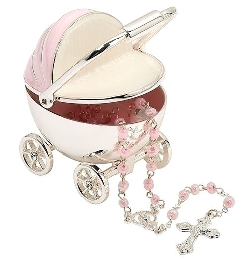 PINK CARRIAGE KEEPSAKE WITH ROSARY