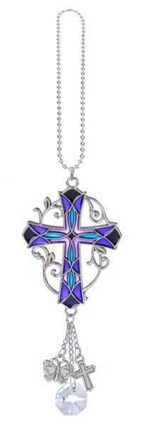 PURPLE STAINED GLASS CROSS CAR CHARM