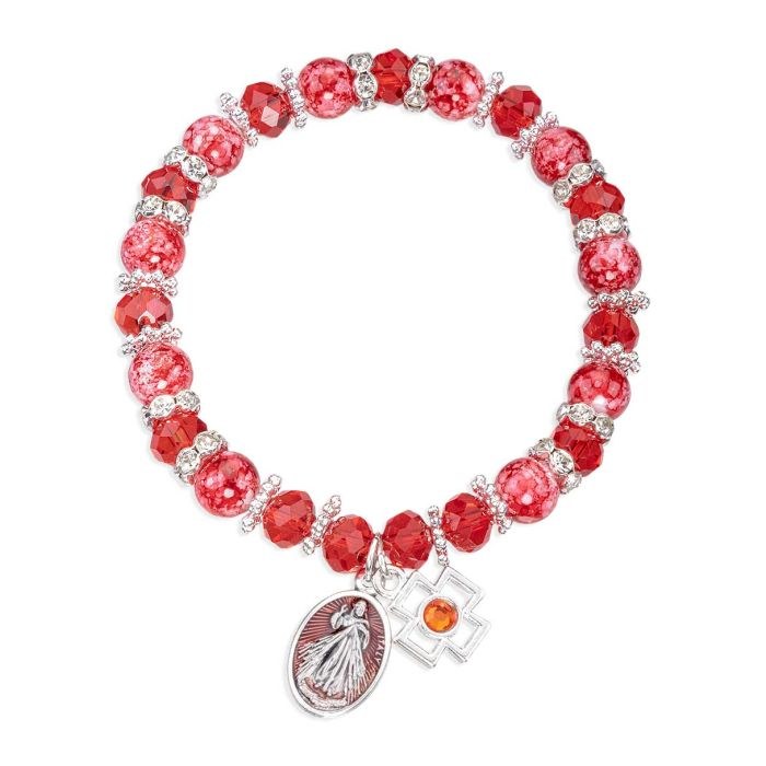 RED GLASS BEAD DIVINE MERCY BRACELET
