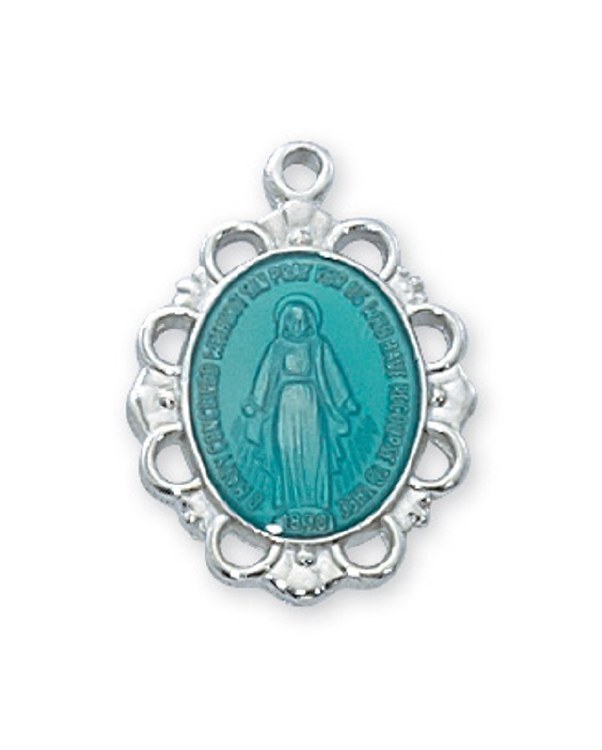 RHODIUM PLATED MIRACULOUS MEDAL WITH BLUE EPOXY
