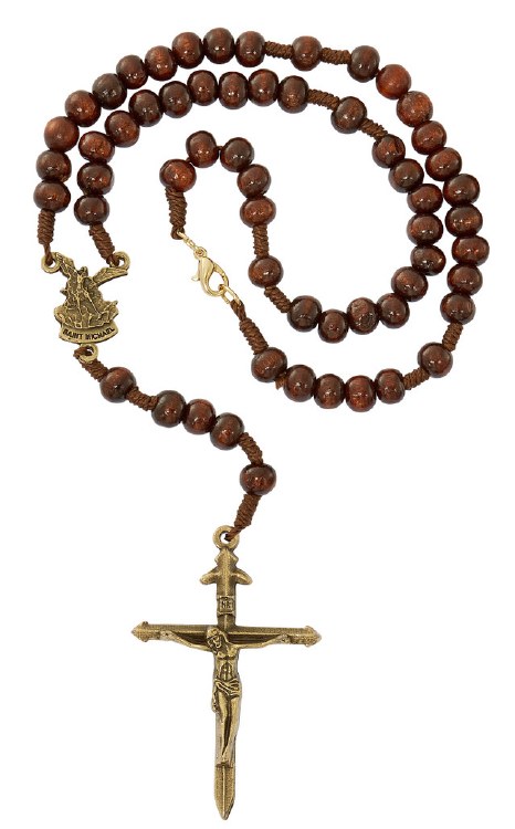 BROWN WOOD ST. MICHAEL ROSARY NECKLACE
