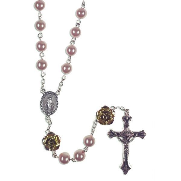 ROSE COLORED IMITATION PEARL ROSARY