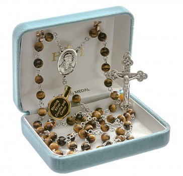 TIGER EYE ROSARY WITH STERLING SILVER CRUCIFIX