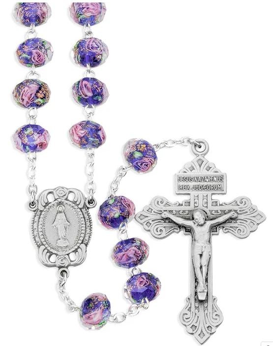 SAPPHIRE GLASS FLOWER BEAD ROSARY