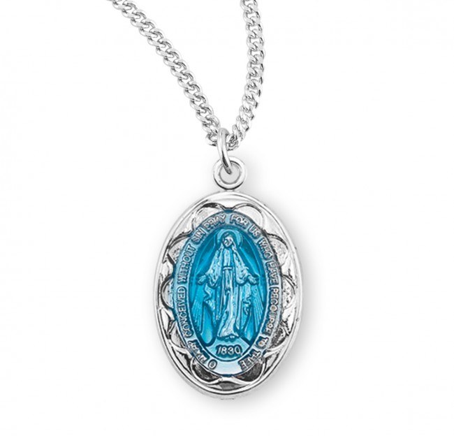 SS BLUE ENAMELED OVAL MIRACULOUS MEDAL