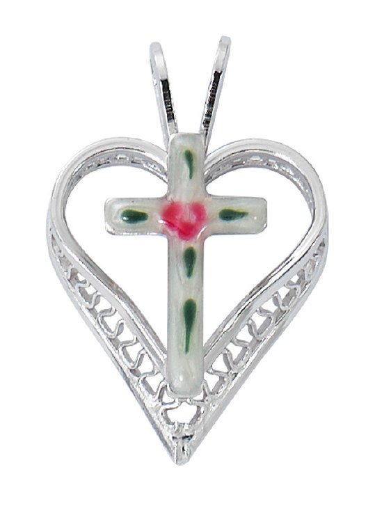 STERLING SILVER CLOISONNE CROSS HEART