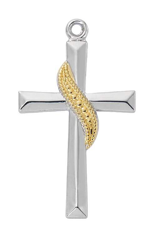 STERLING SILVER CROSS WITH GOLD SASH AND 18'' CHAIN