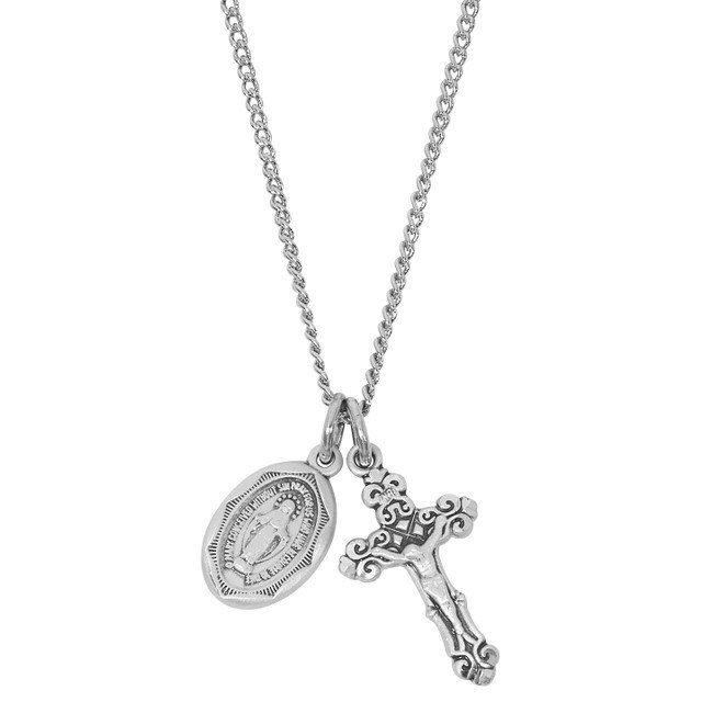 STERLING SILVER CRUCIFIX AND MIRACULOUS MEDAL ON 16-18'' CHAIN