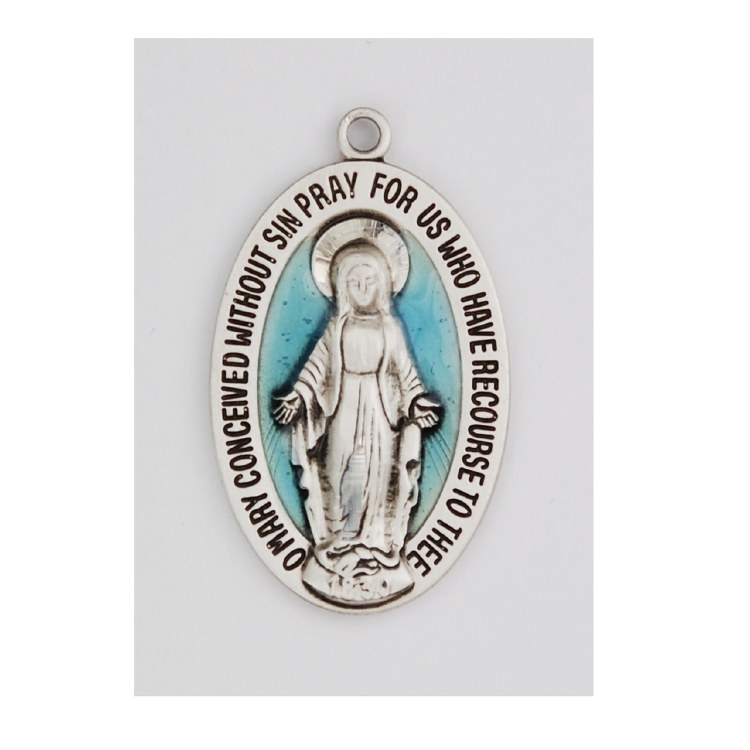 STERLING SLIVER MIRACULOUS MEDAL WITH BLUE EPOXY AND 20'' RHODIUM CHAIN