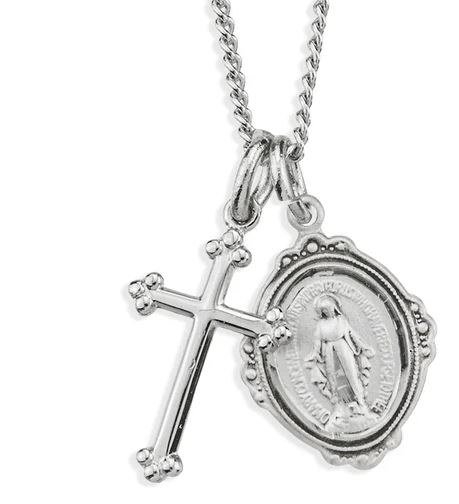 STERLING SILVER MIRACULOUS MEDAL WITH SMALL CROSS
