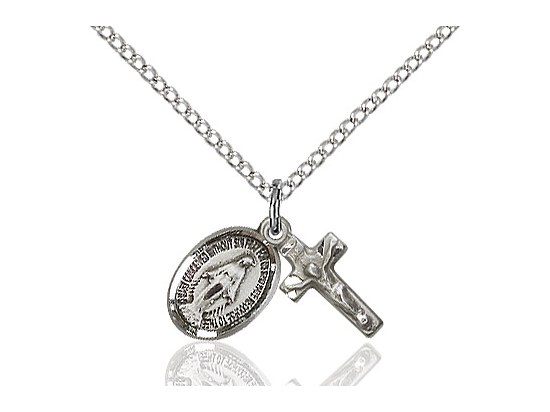 STERLING SILVER MIRACULOUS MEDAL AND CRUCIFIX WITH 18'' CHAIN