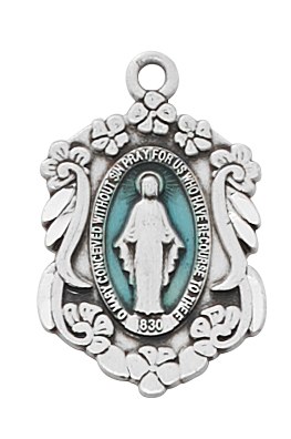 SS MIRACULOUS MEDAL WITH BLUE EPOXY FLORAL EDGE