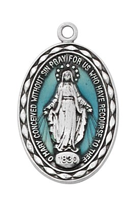 SS MIRACULOUS MEDAL WITH BLUE EPOXY 18&quot; CHAIN