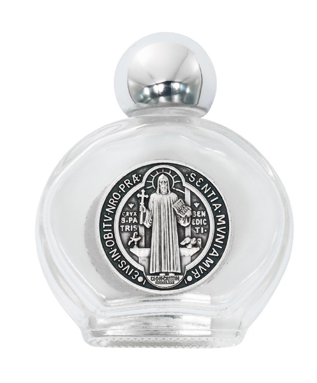 ST BENEDICT GLASS HOLY WATER BOTTLE