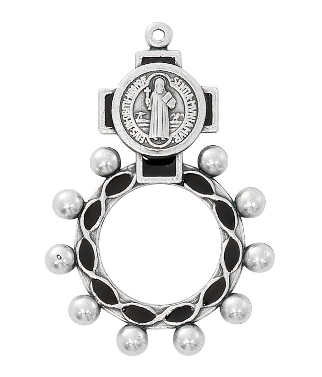 ST BENEDICT SILVER OXIDIZED ROSARY RING