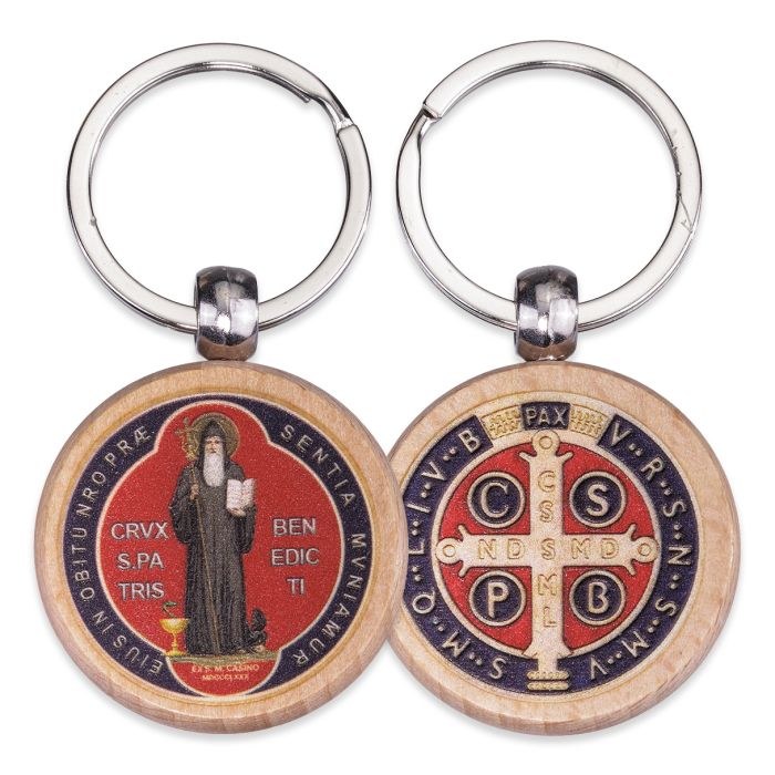 ST. BENEDICT ROUND WOOD KEY CHAIN