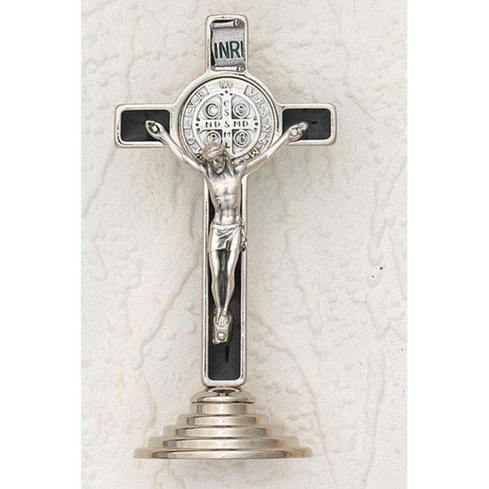 ST BENEDICT SILVER TONE STANDING MINI CRUCIFIX