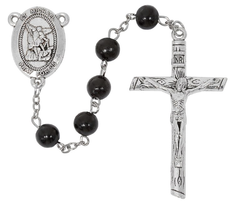 ST MICHAEL BLACK WOOD BEAD ROSARY W/ SILVER OX CRUCIFIX &amp; CENTER