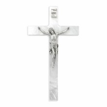 PEARLIZED WHITE CROSS WITH PEWTER CORPUS