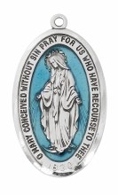STERLING SILVER MIRACULOUS MEDAL WITH BLUE EPOXY AND 24'' CHAIN