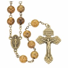 BROWN WOOD BEAD ROSARY WITH MIRACULOUS MEDAL CENTERPIECE