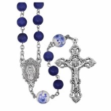 FROSTED BLUE GLASS BEADS WITH CERAMIC FLOWERS