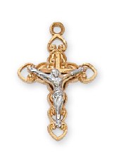 GOLD OVER STERLING SILVER TWO TONE CRUCIFIX WITH 16'' GOLD PLATED CHAIN