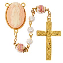 OUR LADY GUADALUPE GOLD PLATED PEARL CAMEO ROSARY